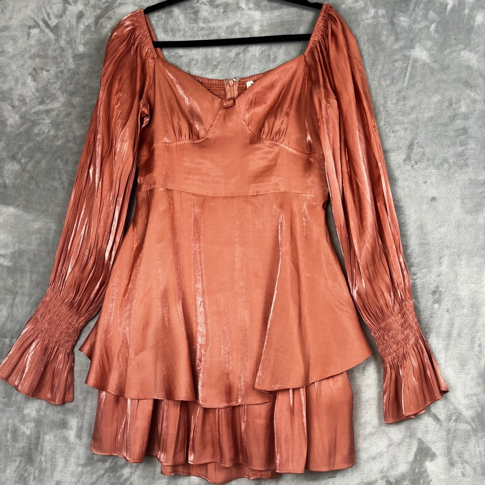 Women Y2K Metallic Baby Doll Tiered Ruffle Long Sleeve Square Neck Dress Large - Picture 2 of 10
